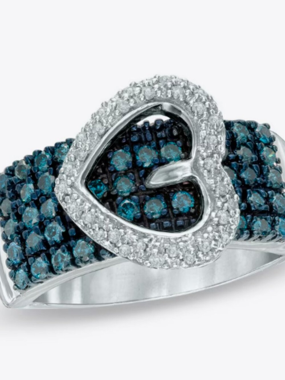 1/2 CT. Blue and White Diamond Heart-Shaped Buckle Ring in Sterling Silver Size9